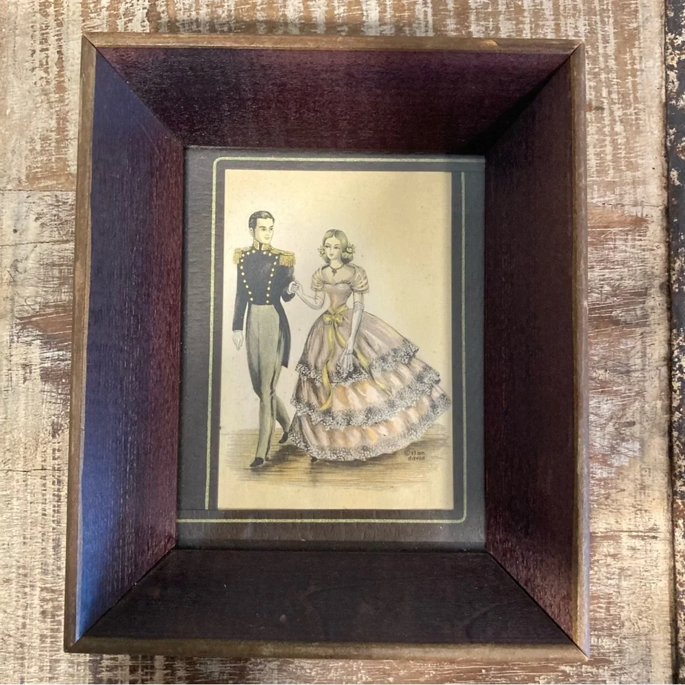 Pair Vintage Stan David 1970s Art Prints Featuring Victorian Couple Wood Frames